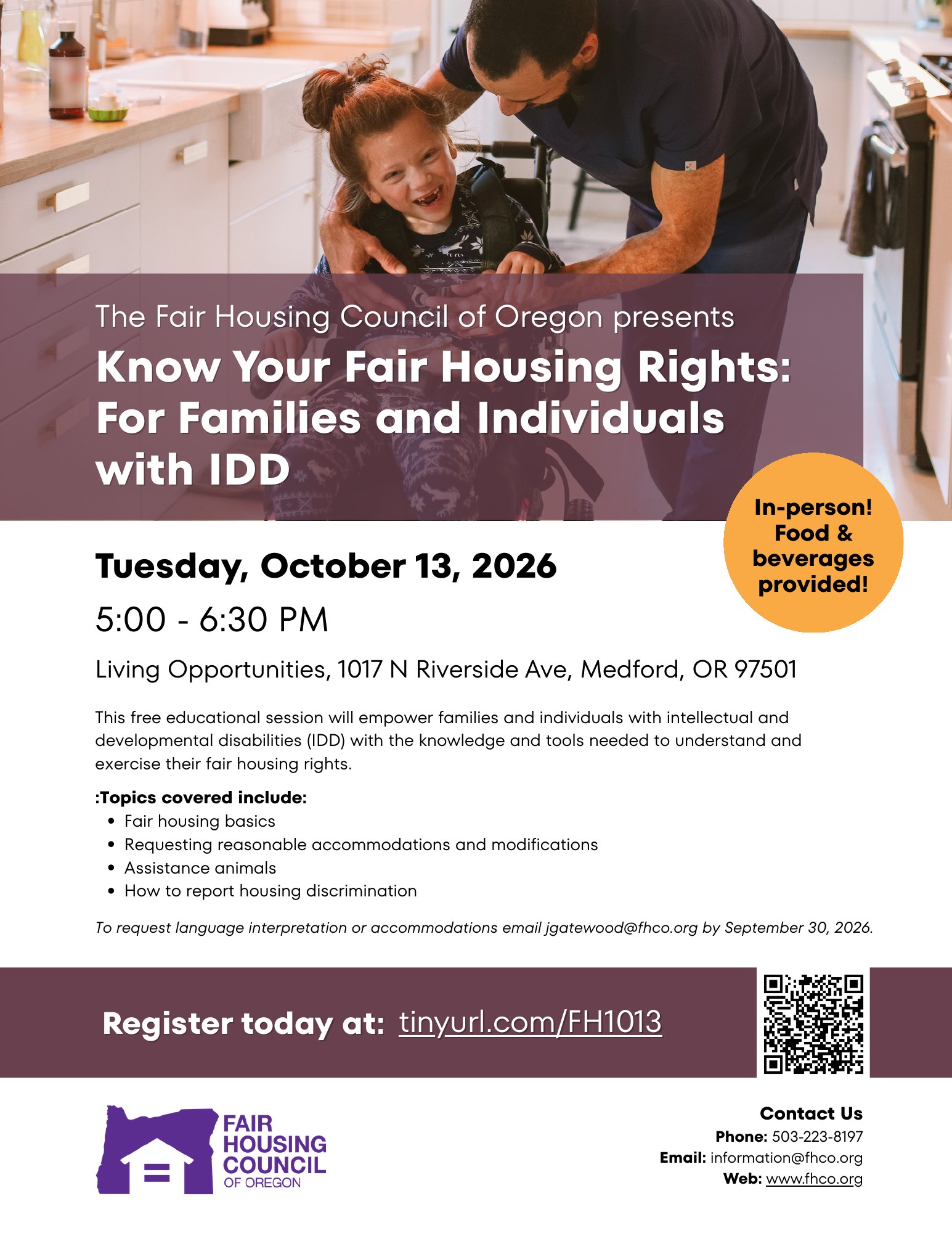 Flyer for the in-person Know Your Fair Housing Rights session on October 13
