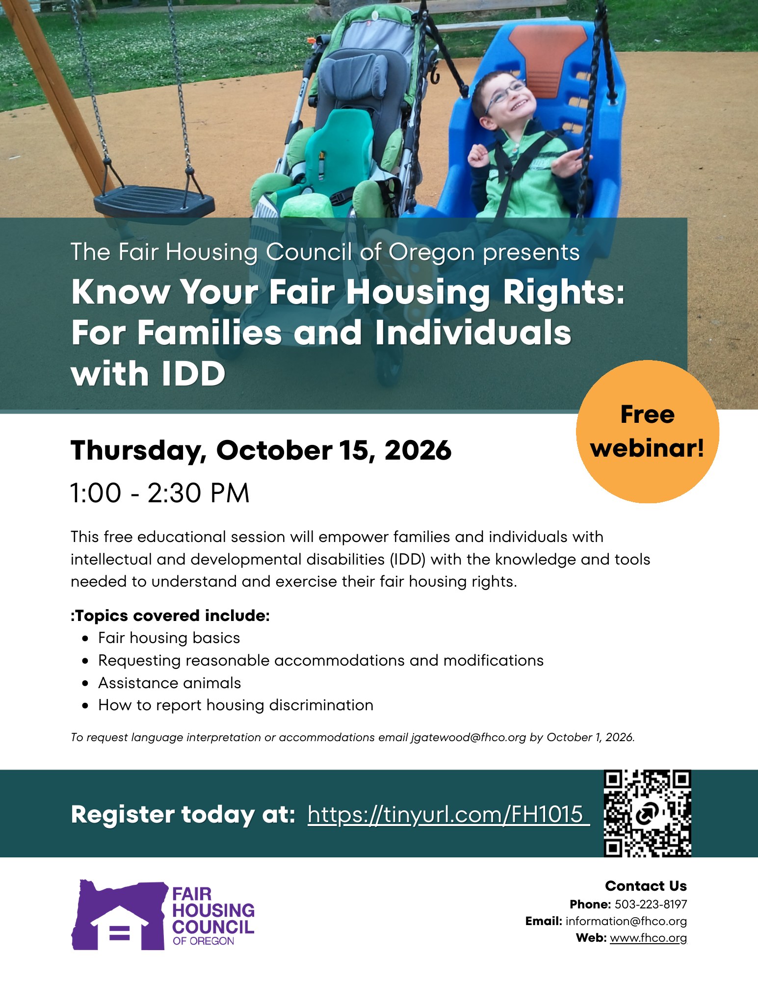 Flyer for the Know Your Fair Housing Rights webinar on October 15