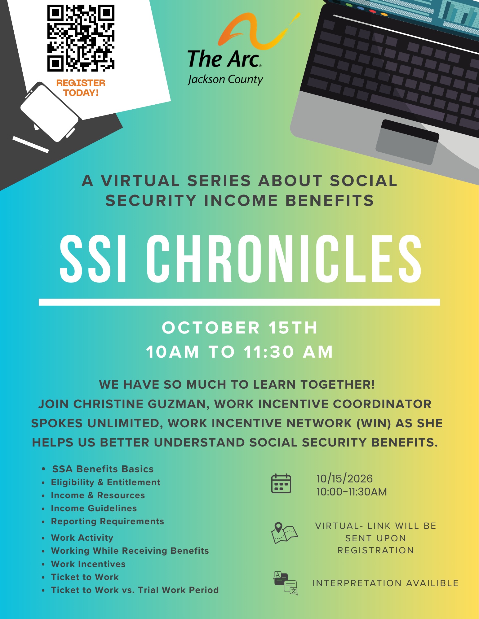 English flyer for SSI Chronicles virtual training