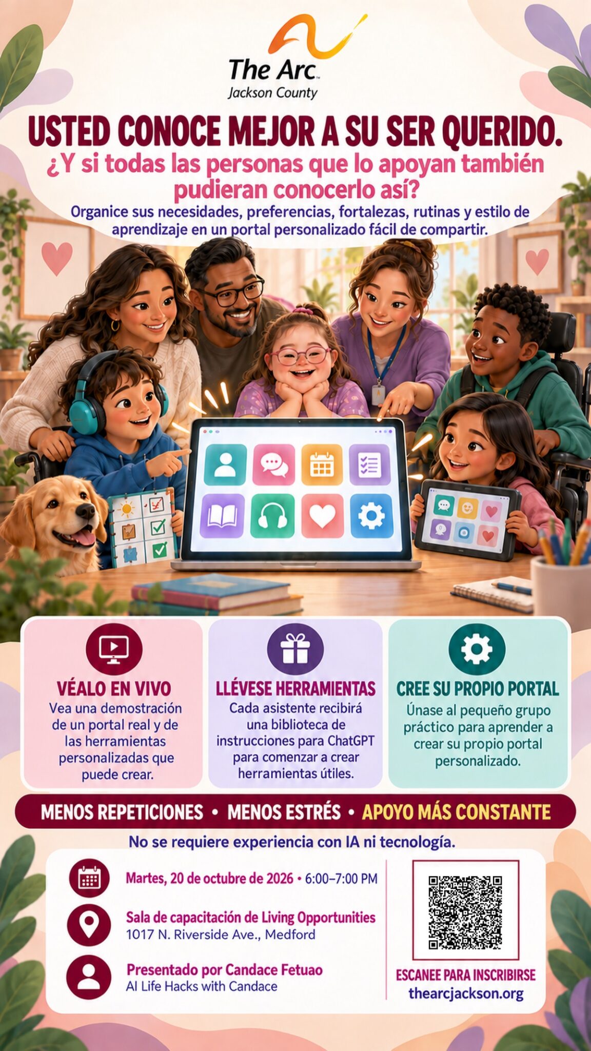 Spanish flyer for The Arc AI workshop for families