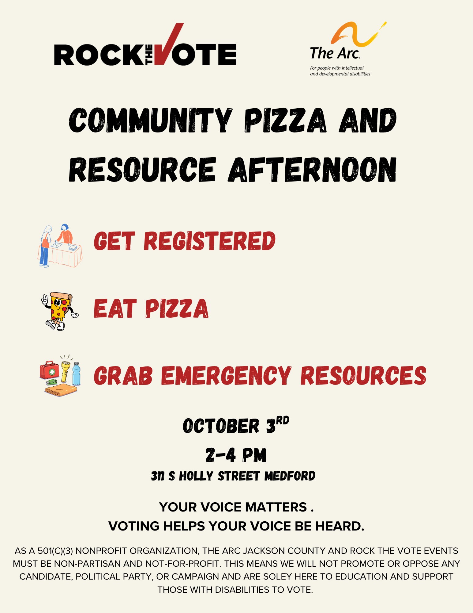 English flyer for Rock the Vote: Community Pizza and Resource Afternoon