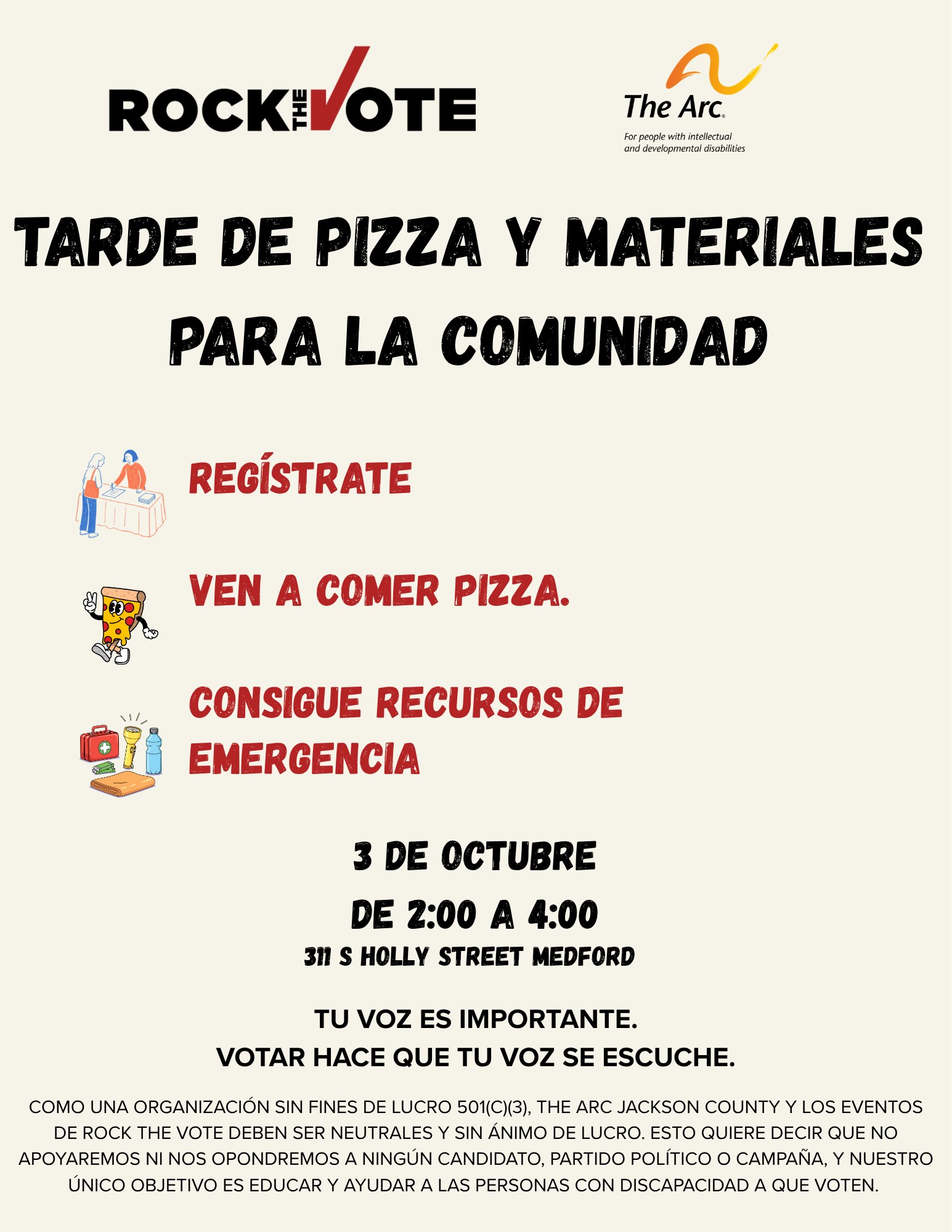 Spanish flyer for Rock the Vote: Community Pizza and Resource Afternoon