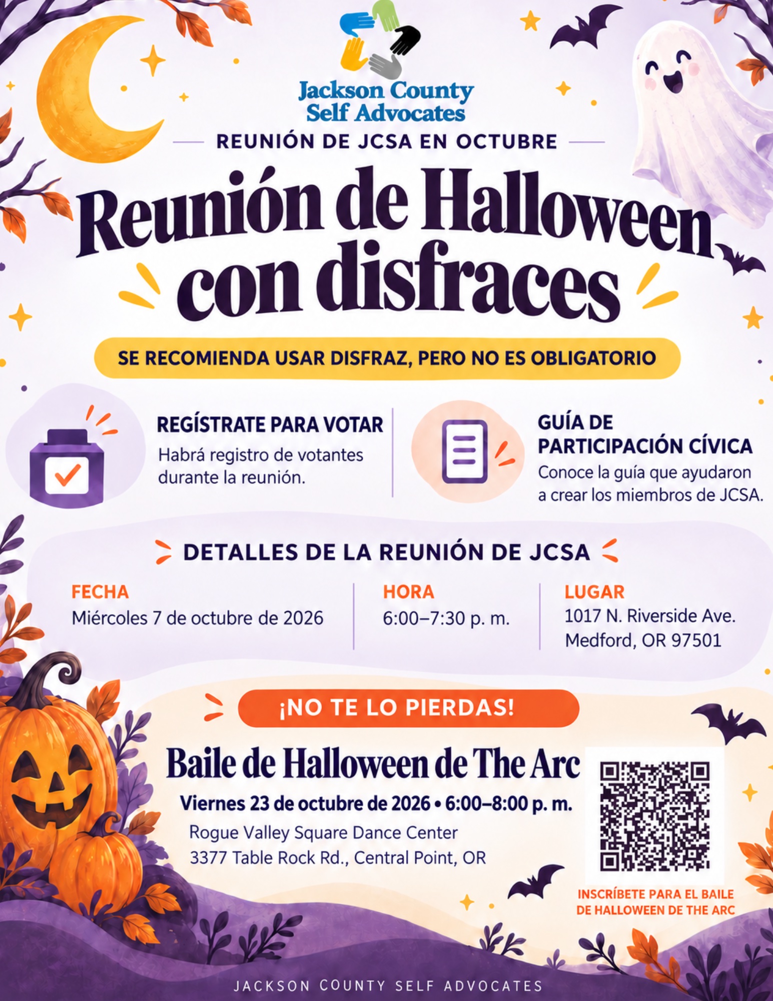 Spanish flyer for the JCSA Halloween Costume Meeting